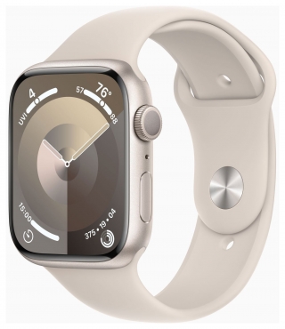 APPLE Apple Watch Series 9 GPS, Aluminium polarstern, 45mm mit Sportarmband, polarstern - S/M