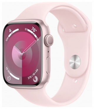 APPLE Apple Watch Series 9 GPS, Aluminium rosé, 45mm mit Sportarmband, hellrosa - S/M