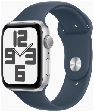APPLE Apple Watch SE GPS, Aluminum silber, 44mm mit Sportarmband, sturmblau - M/L