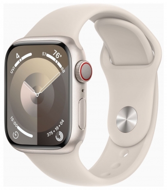 APPLE Apple Watch Series 9 GPS + Cellular, Aluminium polarstern, 41mm mit Sportarmband, polarstern - S/M