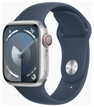 APPLE Apple Watch Series 9 GPS + Cellular, Aluminium silber, 41mm mit Sportarmband, sturmblau - S/M