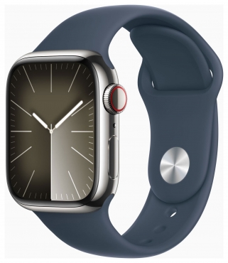 APPLE Apple Watch Series 9 GPS + Cellular, Edelstahl silber, 41mm mit Sportarmband, sturmblau - S/M