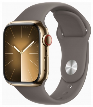 APPLE Apple Watch Series 9 GPS + Cellular, Edelstahl gold, 41mm mit Sportarmband, tonbraun - M/L
