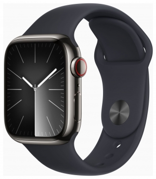 APPLE Apple Watch Series 9 GPS + Cellular, Edelstahl graphit, 41mm mit Sportarmband, mitternacht - S/M