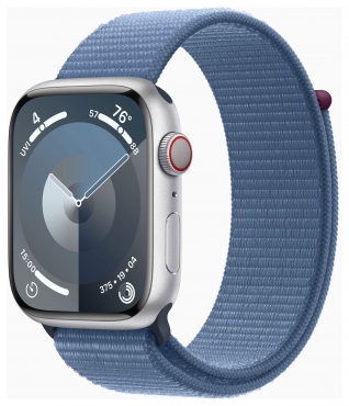 APPLE Apple Watch Series 9 GPS + Cellular, Aluminium silber, 45mm mit Sport Loop, winterblau