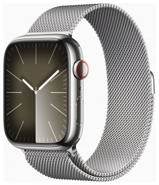 APPLE Apple Watch Series 9 GPS + Cellular, Edelstahl silber, 45mm mit Milanaise Armband, silber