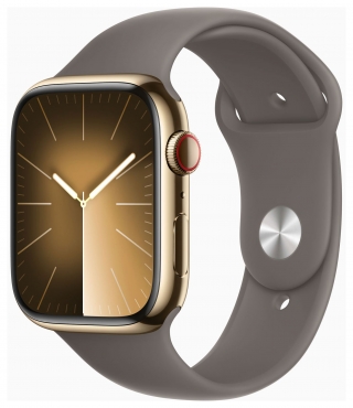 APPLE Apple Watch Series 9 GPS + Cellular, Edelstahl gold, 45mm mit Sportarmband, tonbraun - S/M
