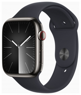 APPLE Apple Watch Series 9 GPS + Cellular, Edelstahl graphit, 45mm mit Sportarmband, mitternacht - S/M