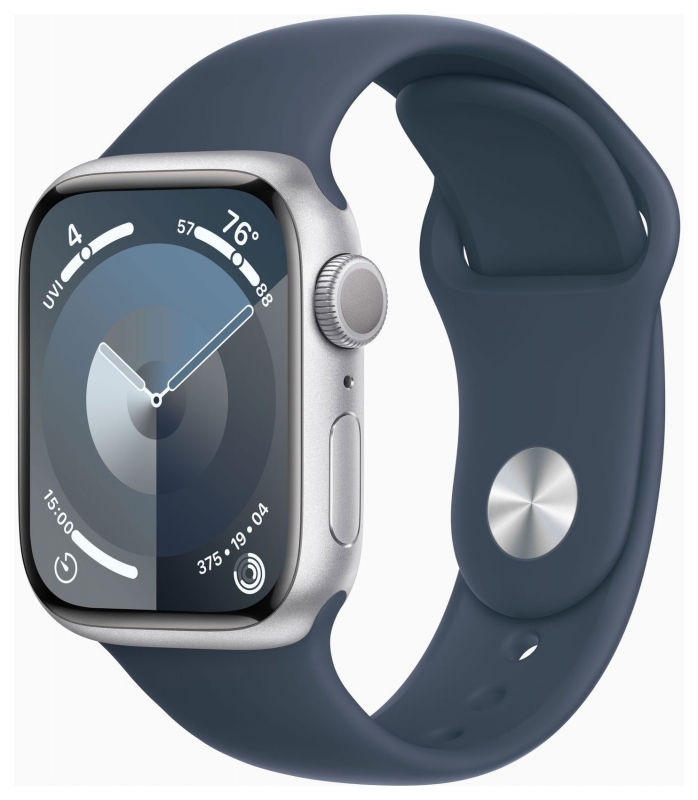 APPLE Apple Watch Series 9 GPS, Aluminium silber, 41mm mit Sportarmband, sturmblau - M/L