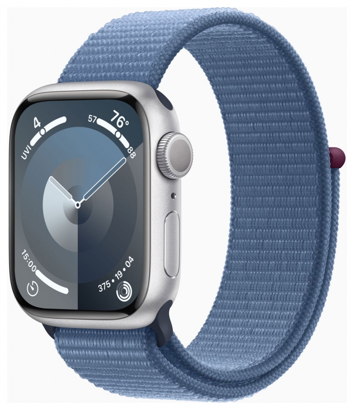 APPLE Apple Watch Series 9 GPS, Aluminium silber, 41mm mit Sport Loop, winterblau