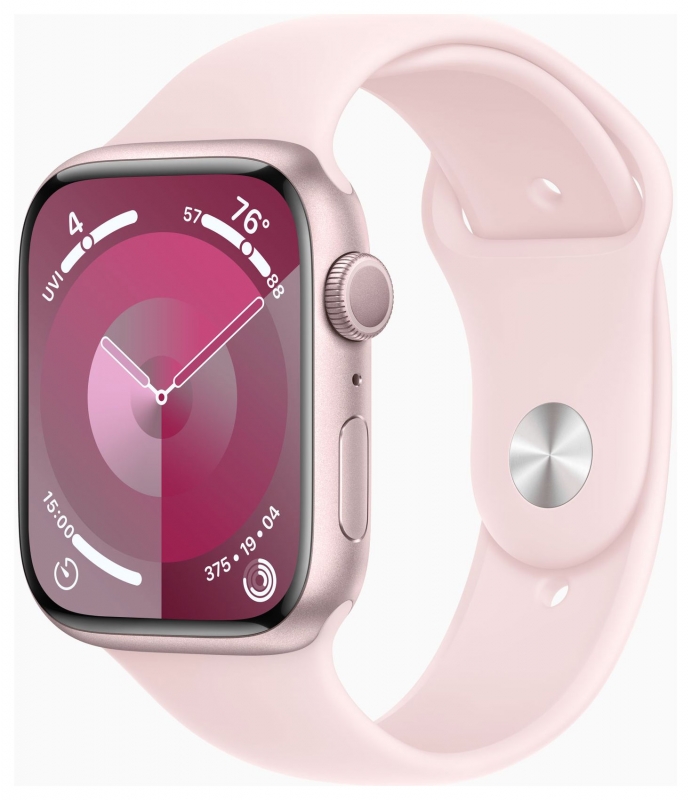 APPLE Apple Watch Series 9 GPS, Aluminium rosé, 45mm mit Sportarmband, hellrosa - M/L