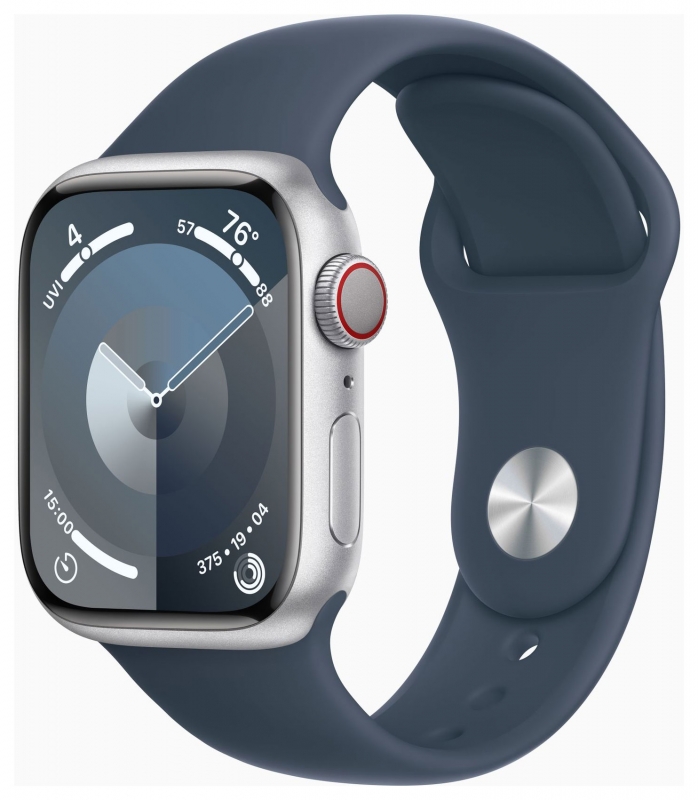 APPLE Apple Watch Series 9 GPS + Cellular, Aluminium silber, 41mm mit Sportarmband, sturmblau - M/L