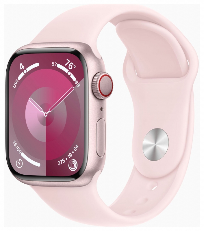 APPLE Apple Watch Series 9 GPS + Cellular, Aluminium rosé, 41mm mit Sportarmband, hellrosa - M/L