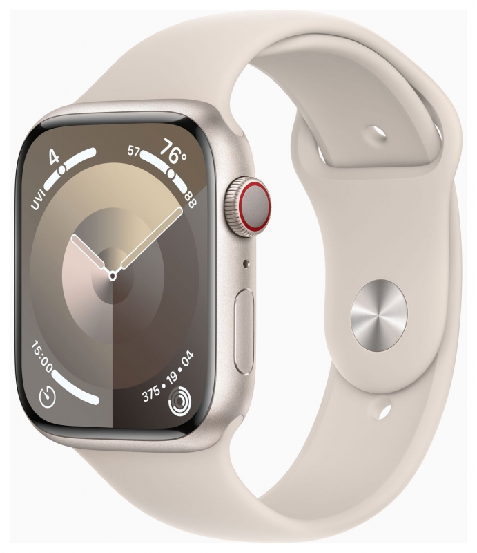 APPLE Apple Watch Series 9 GPS + Cellular, Aluminium polarstern, 45mm mit Sportarmband, polarstern - M/L