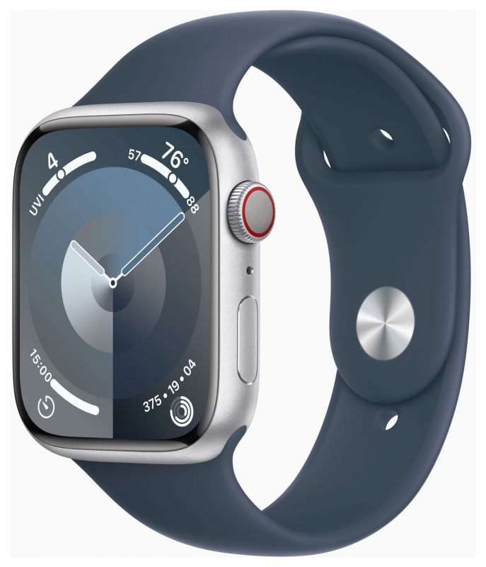 APPLE Apple Watch Series 9 GPS + Cellular, Aluminium silber, 45mm mit Sportarmband, sturmblau - S/M